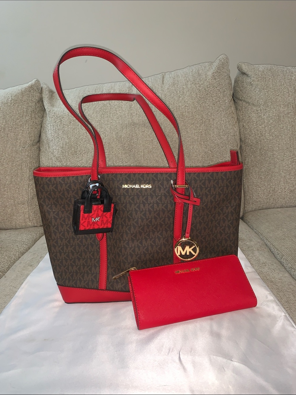 Michael Kors Brown & Red MK Logo Tote with Red Wallet